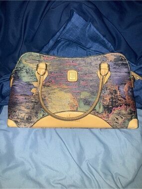 Multicolor Abstract Print Satchel with Tan Leather Trim